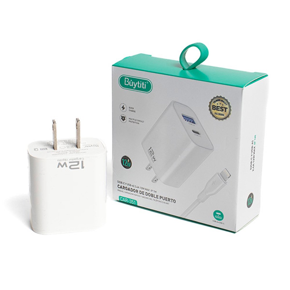 Cargador Alámbrico de 12W con Puerto USB y Tipo C