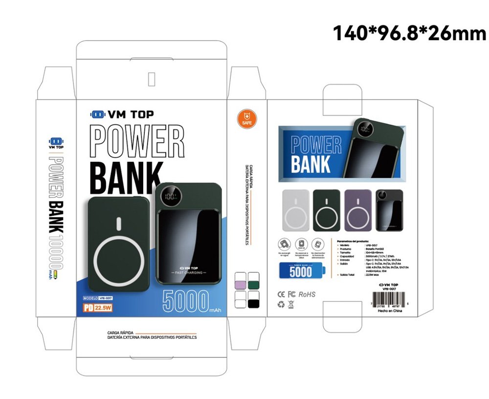 Batería Portátil 5000 mAh Carga Rápida 22.5W Pantalla Digital