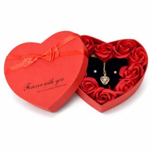 Caja de Regalo en Forma de corazón con Cadena y Aretes con 10 Rosas
